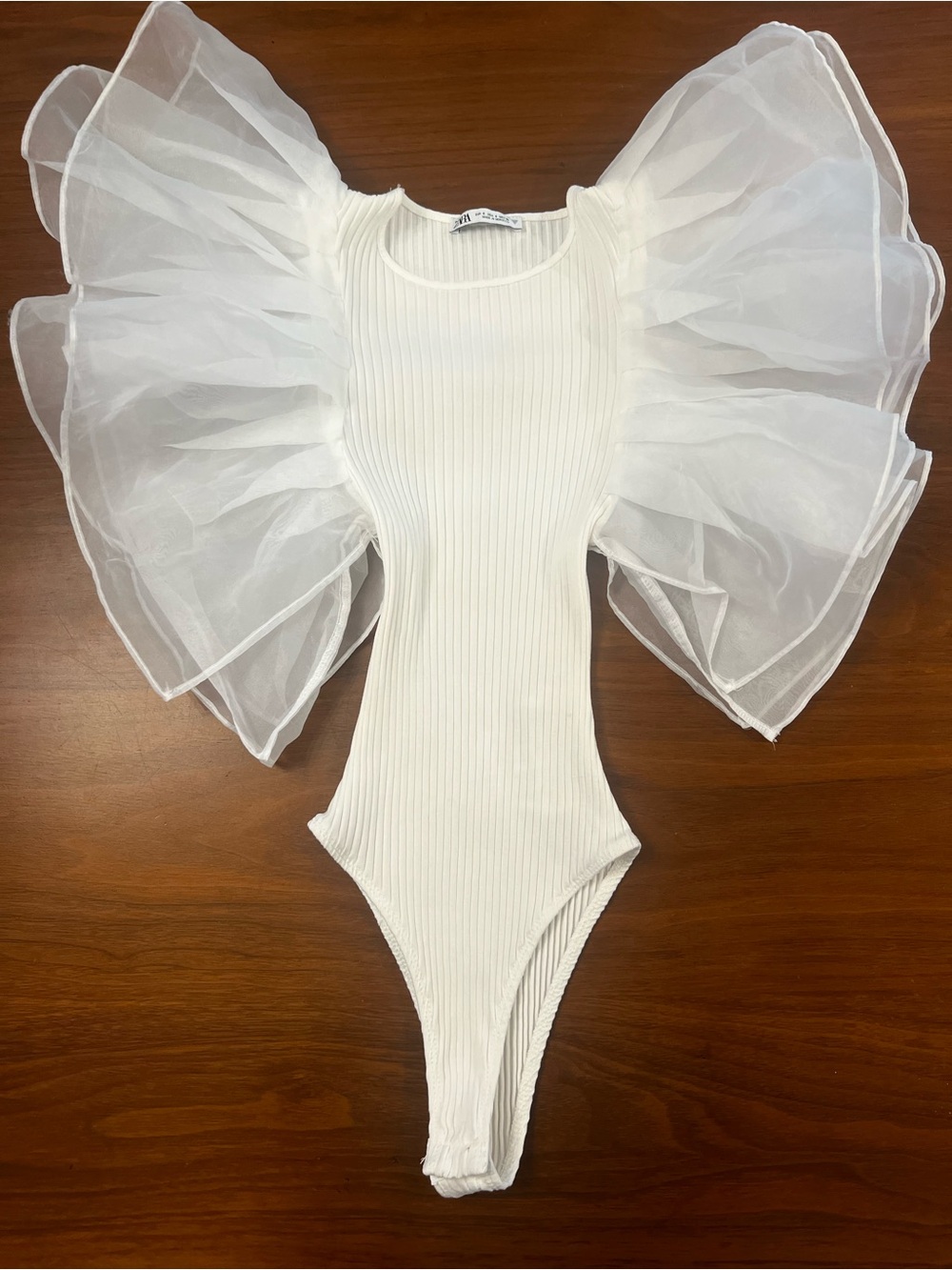 Zara White Ribbed Bodysuit with Dramatic Organza Ruffle Sleeves - Size S